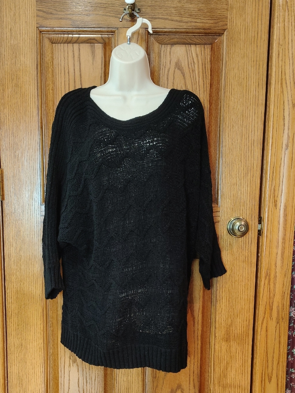Ruby Rd. Long Black Scoop Neck Semi-Sheer Cable Knit Sweater XL